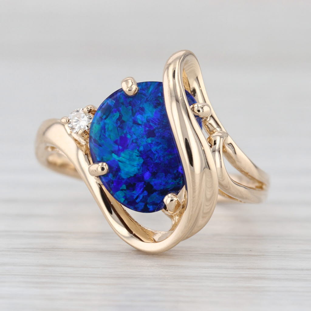 Blue Opal Triplet Diamond Bypass Ring 14k Yellow Gold Size 7.5