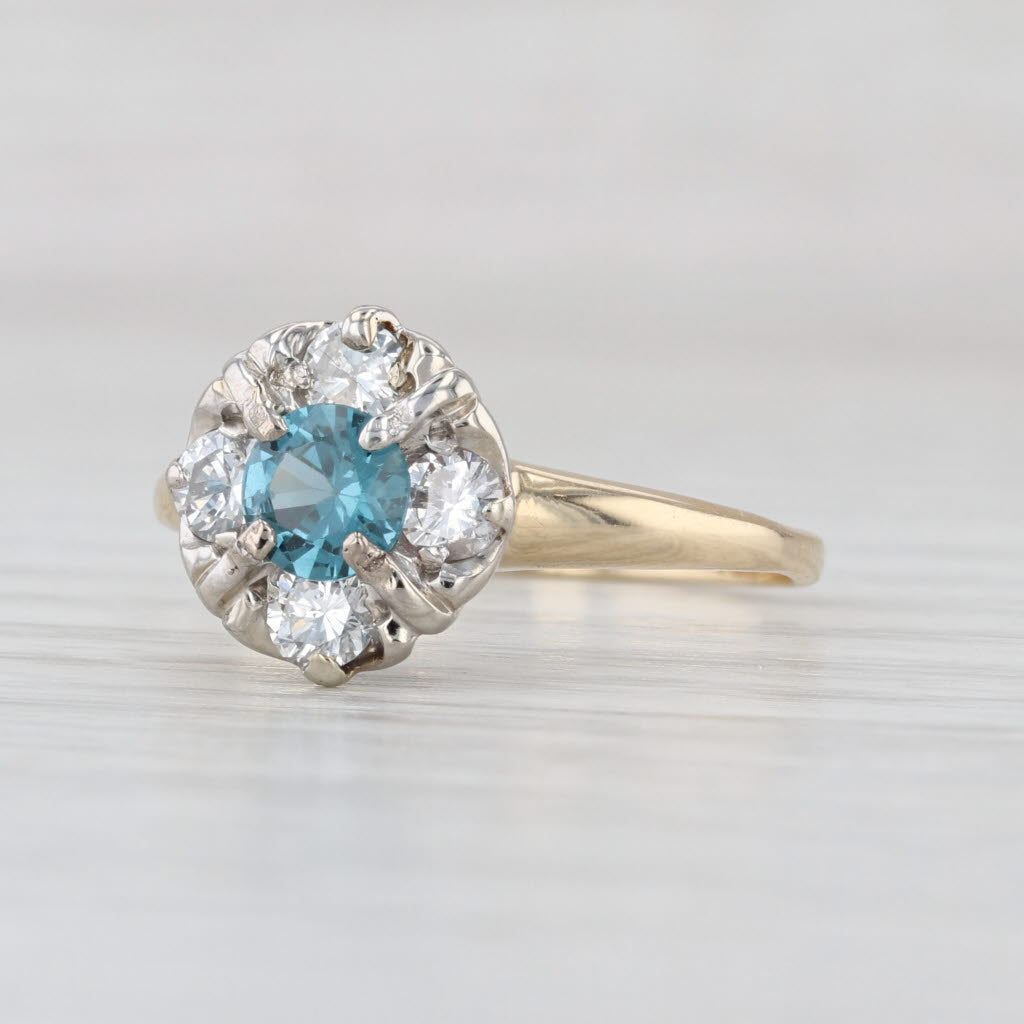 Vintage 0.94ctw Blue Topaz Diamond Halo Engagement Ring 14k Yellow Gold Size 8.5