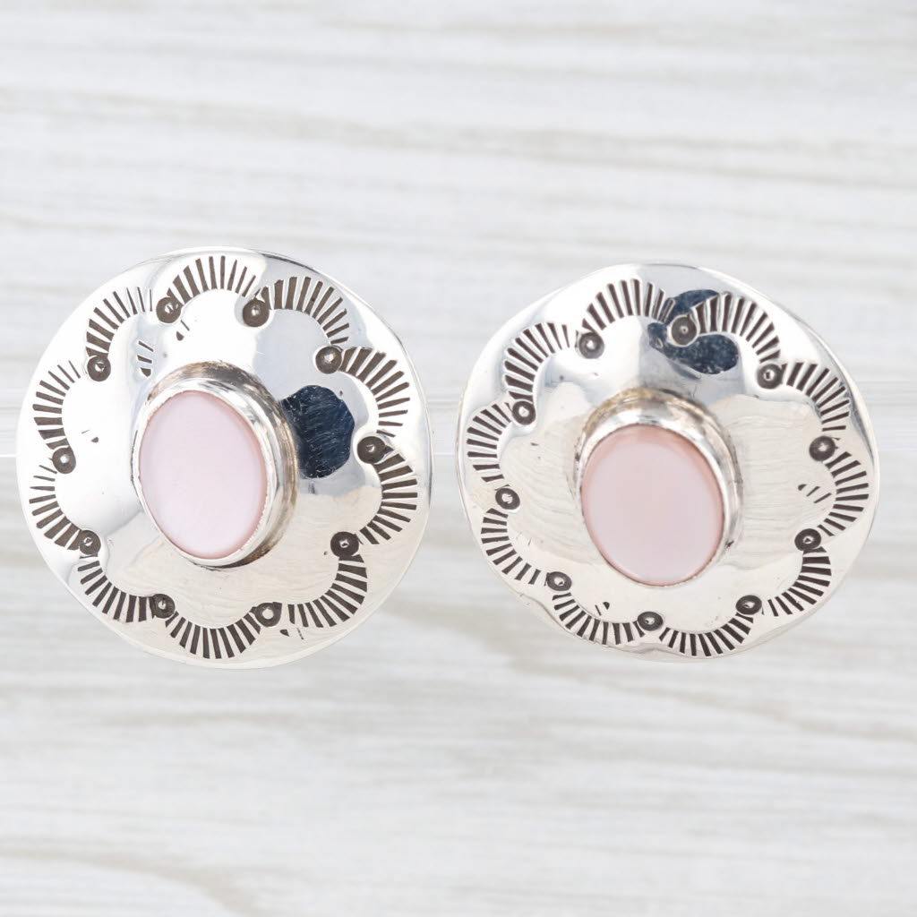Light Gray Pink Mother of Pearl Stamped Pattern Silver Button Earrings Sterling Silver