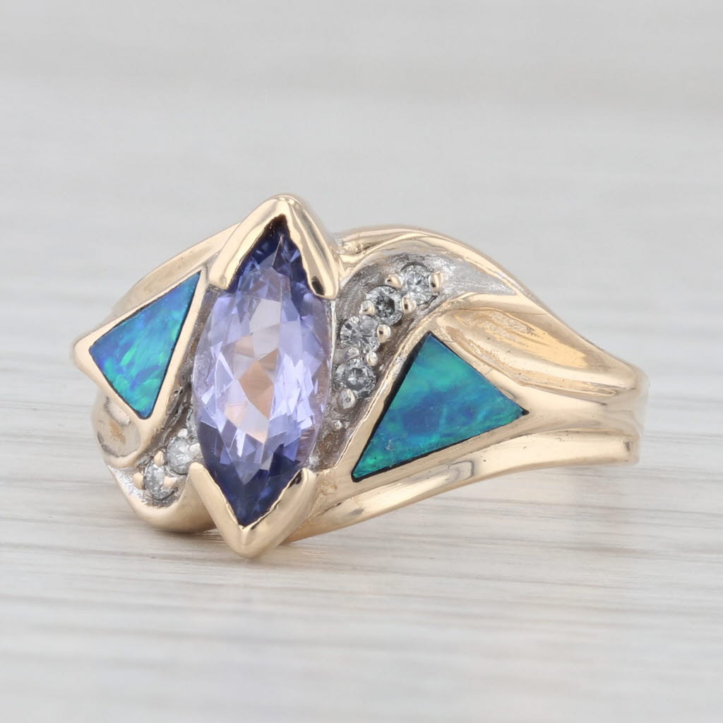 Light Gray 1.16ctw Marquise Tanzanite Diamond Opal Ring 14k Yellow Gold Size 7