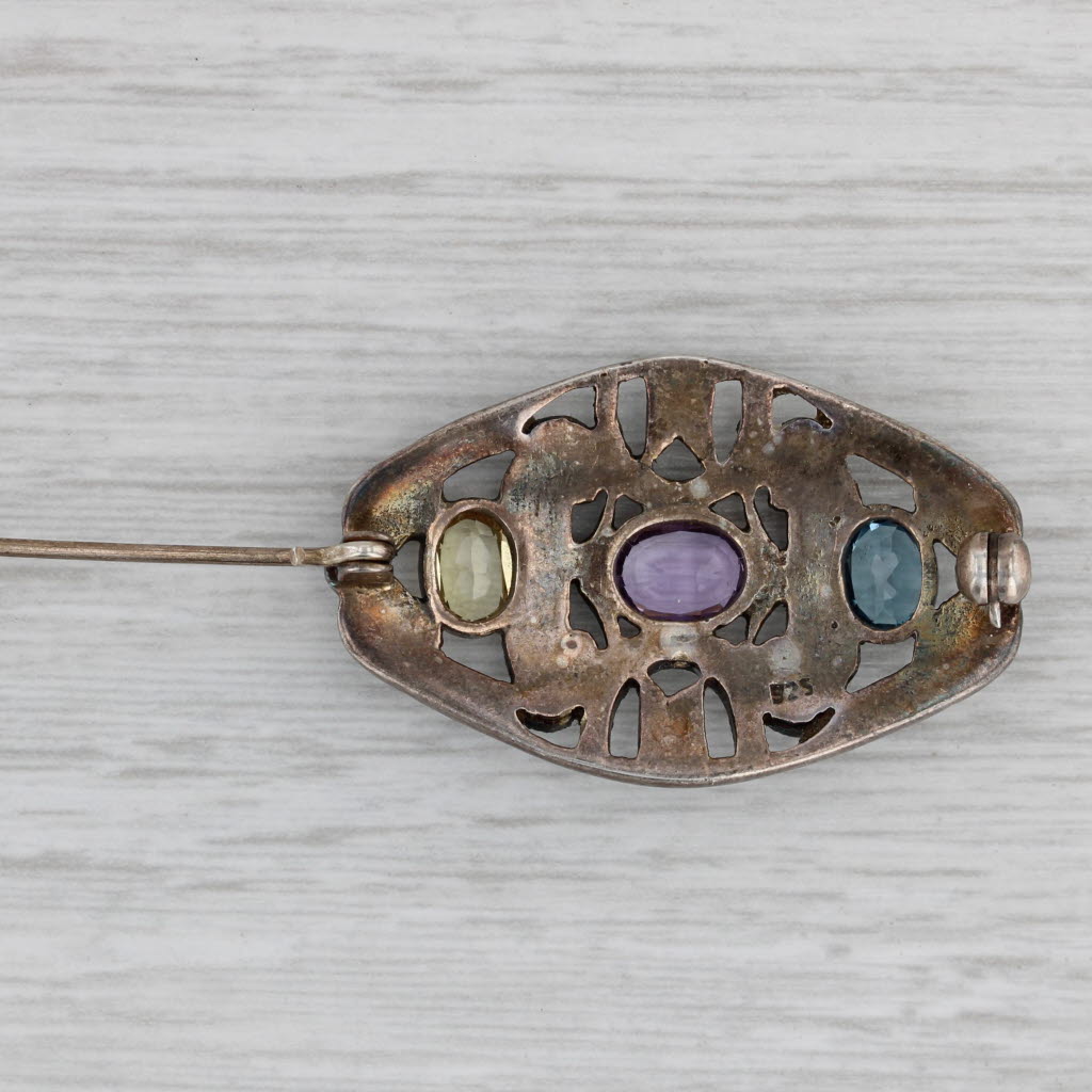 Gray Amethyst Lab Created Spinel Sapphire Brooch Sterling Silver Statement Pin