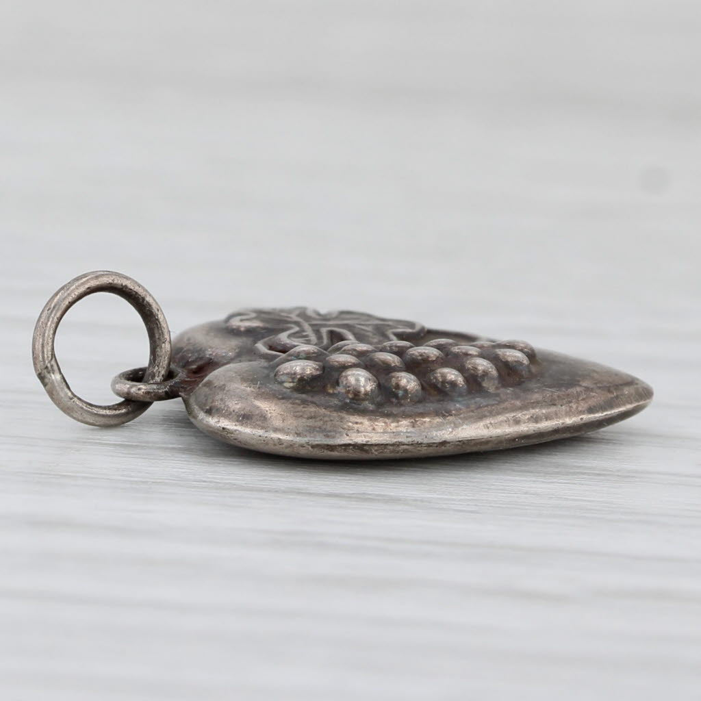 Light Gray Vintage Puffy Heart Grape Leaf Charm Sterling Silver Ornate Pendant
