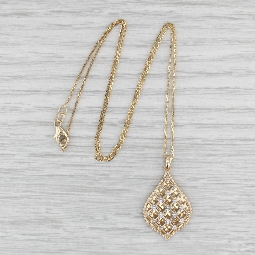 Floral Openwork Teardrop Pendant Necklace 14k 2-Toned Gold 17.75" Cable Chain