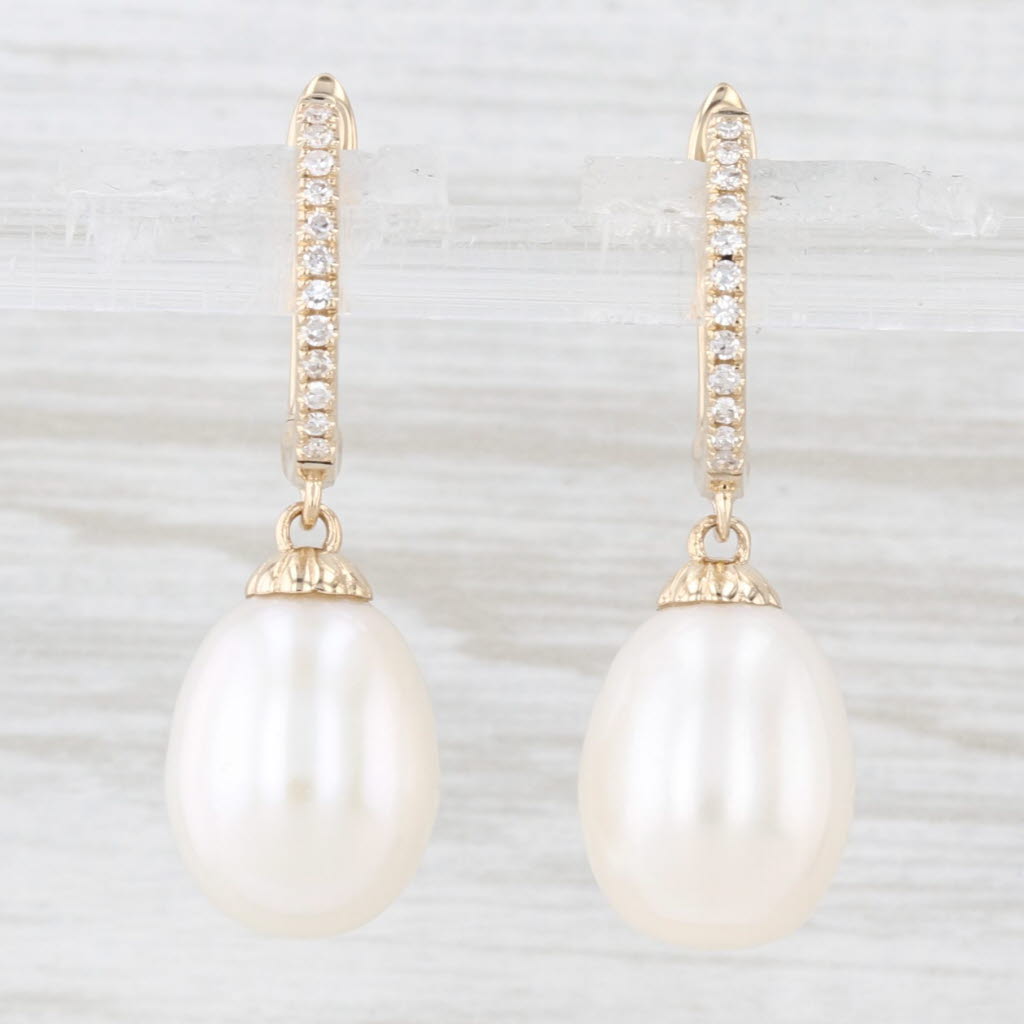 Light Gray Cultured Pearl Diamond Drop Earrings 14k Yellow Gold Snap Top Dangles