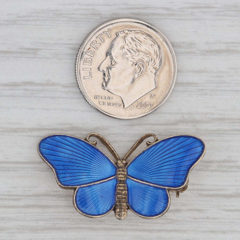 Gray Vintage Guilloche Enamel Butterfly Brooch Sterling Silver Gold Gilt Norway Pin