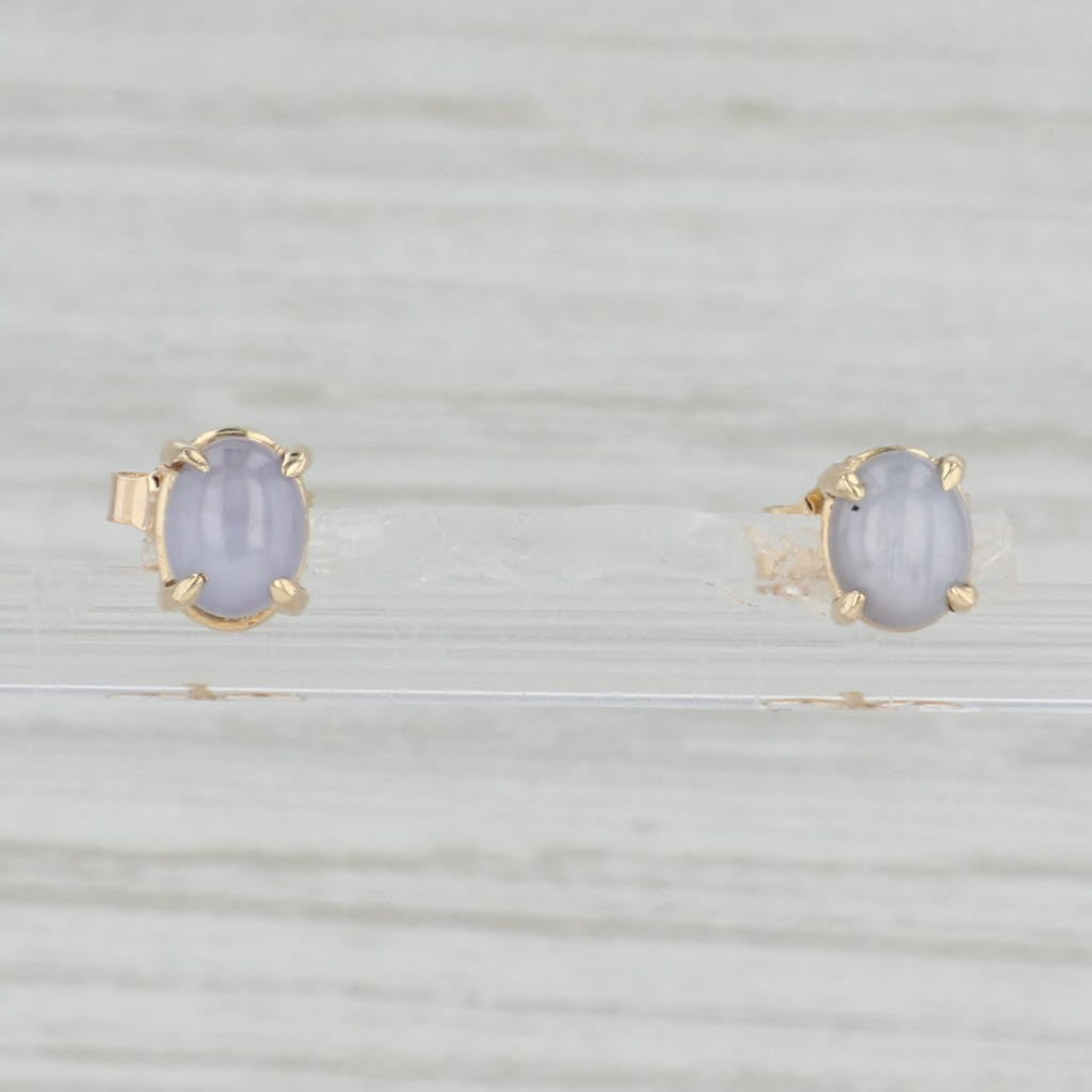 Gray Star Sapphire Stud Earrings 14k Yellow Gold Oval Cabochon Solitaire Studs