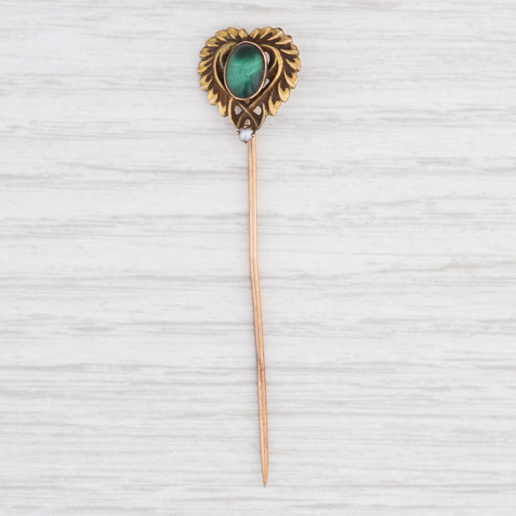 Light Gray Antique Green Malachite Pearl Heart Stickpin 10k Yellow Gold Pin