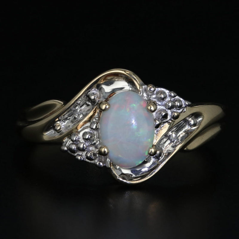 Oval Opal Solitaire Ring 10k Yellow Gold Size 7.25 Diamond Accents
