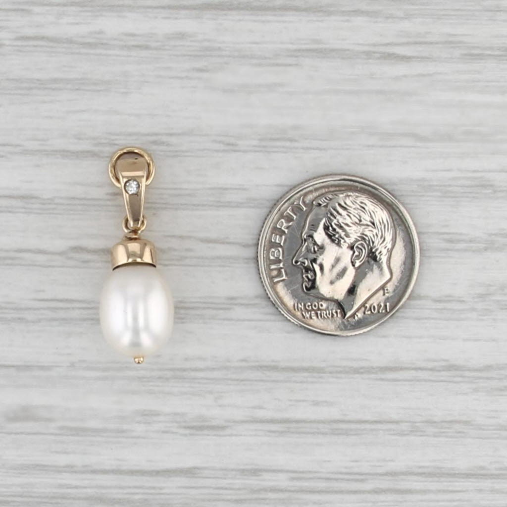 Cultured Pearl and Diamond Pendant 14k Yellow Gold Small Drop