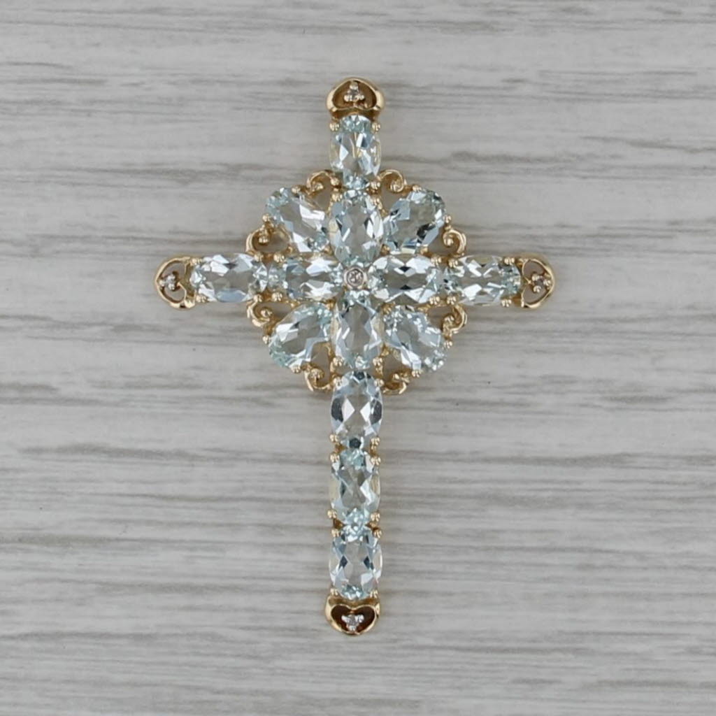 5.62ctw Aquamarine Diamond Large Cross Pendant 10k Yellow Gold Heart Accents