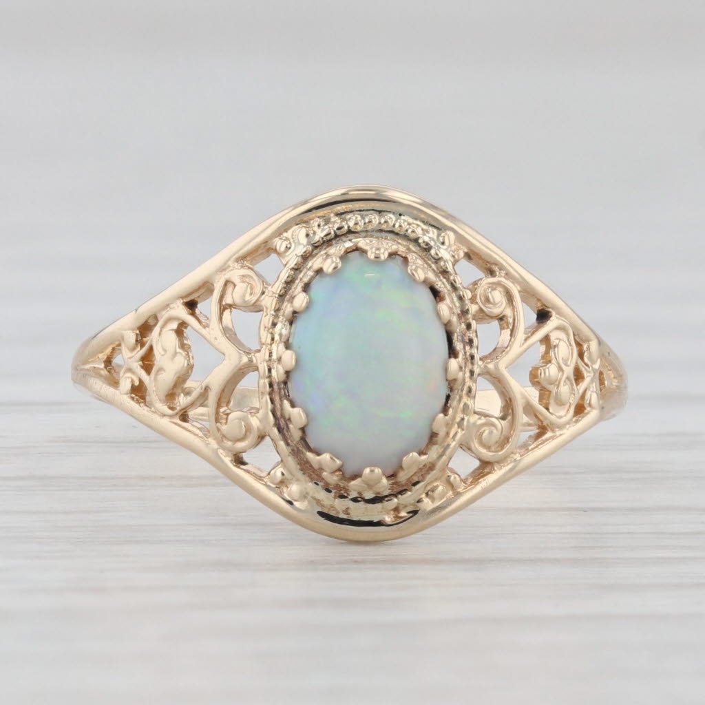 Light Gray Opal Oval Cabochon Solitaire Ring 10k Yellow Gold Size 5.5 Ornate Openwork