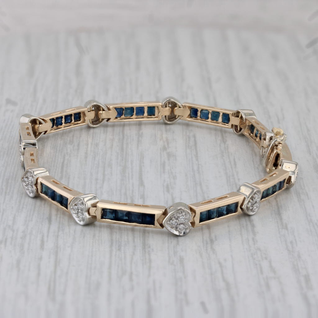 Gray 3.30ctw Blue Sapphire Bars Diamond Hearts Bracelet 14k Yellow Gold 7"