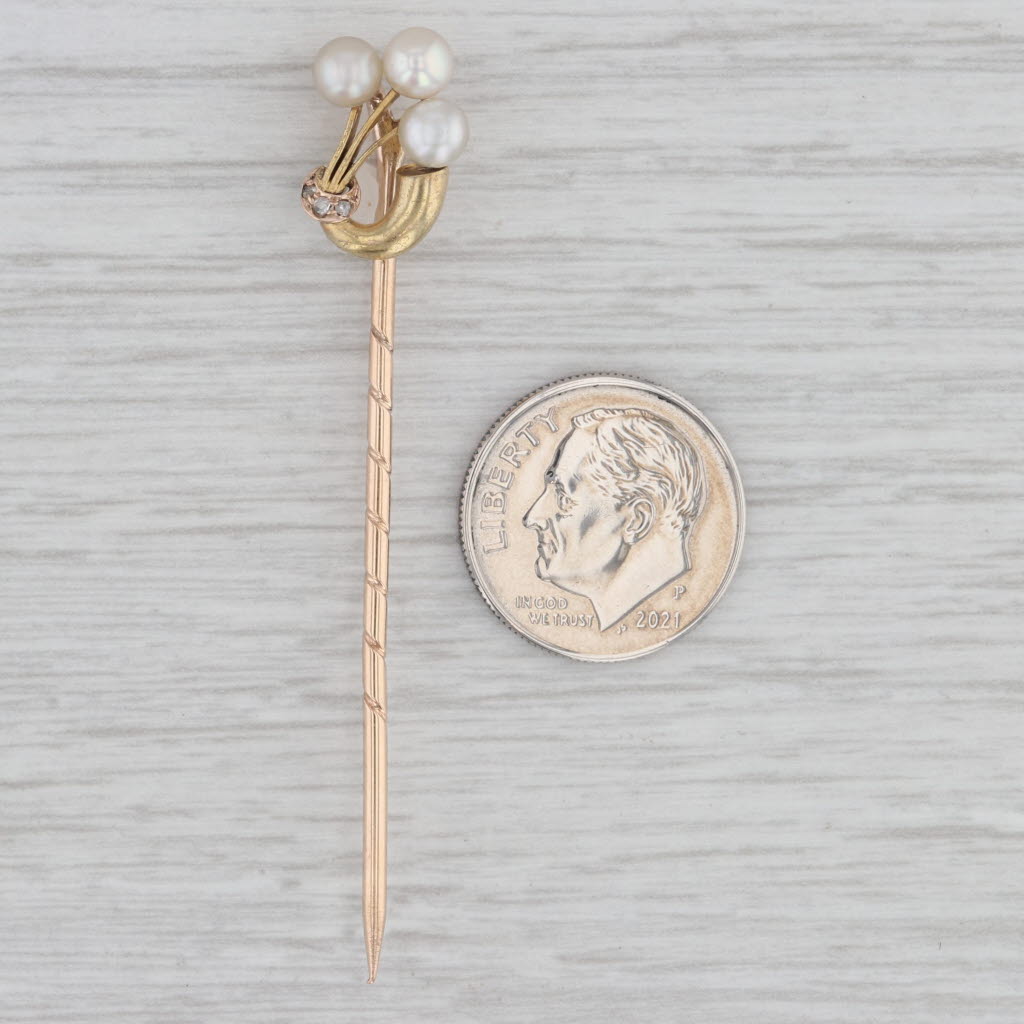 Gray Antique Pearl Cluster Diamond Stickpin 12k 14k Yellow Gold