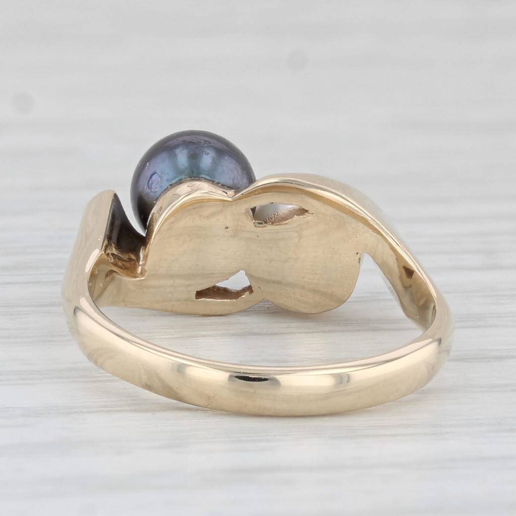 Light Gray Cultured Black & White 2- Pearl Bypass Ring 14k Yellow Gold Size 7