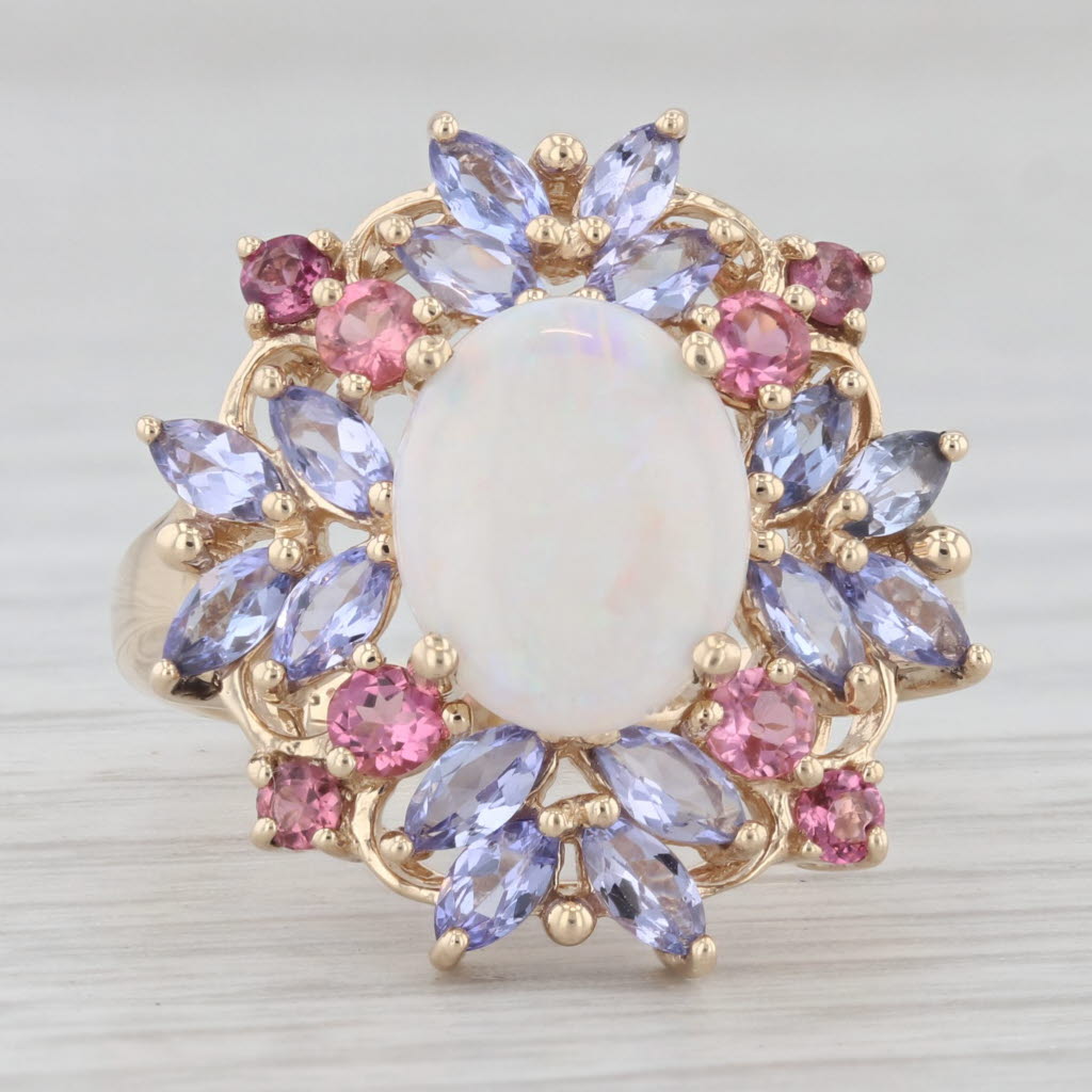 Light Gray Opal 1.72ctw Pink Tourmaline Tanzanite Cluster Ring 10k Yellow Gold Size 6