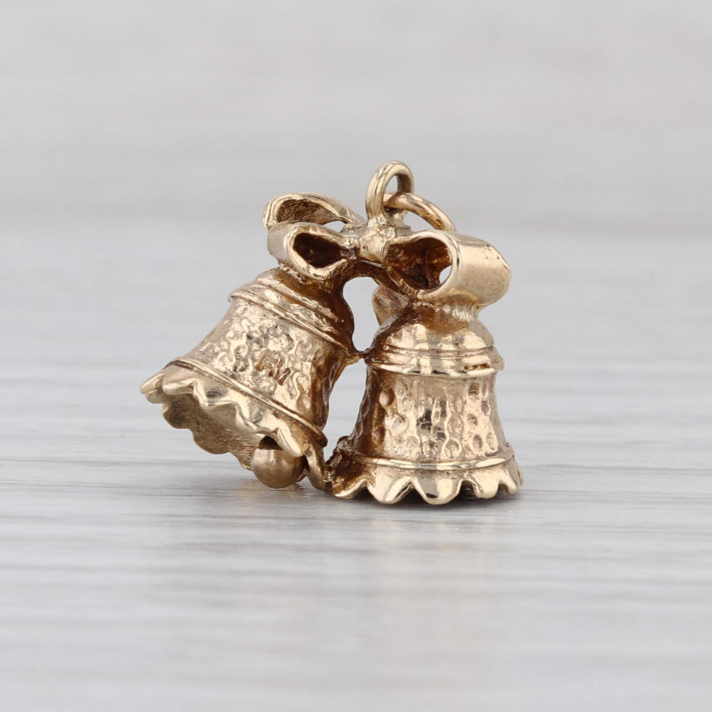Wedding Bells Charm 9k Yellow Gold 3D Pendant Rings Moves Vintage Bridal