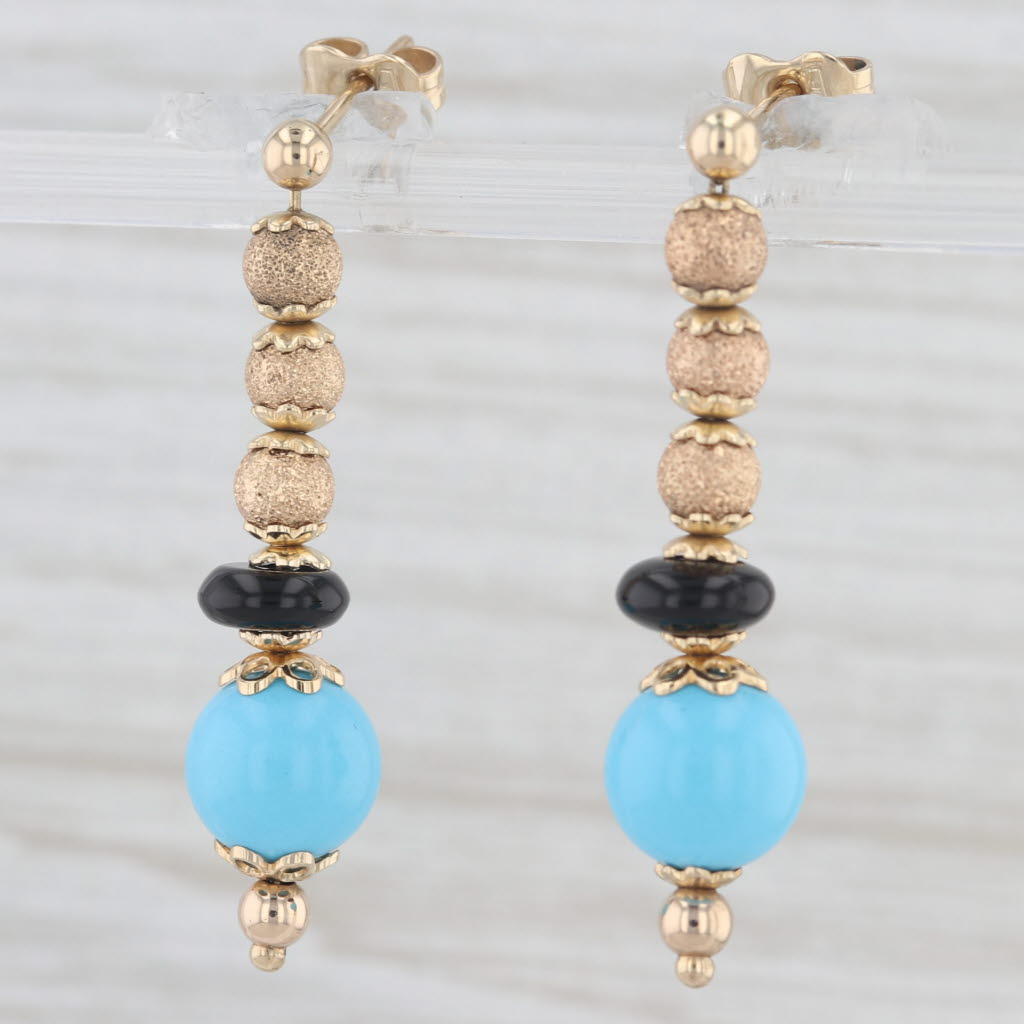 Light Gray Faro Italy Simulated Turquoise Onyx Bead Strand Dangle Earrings 14k Yellow Gold