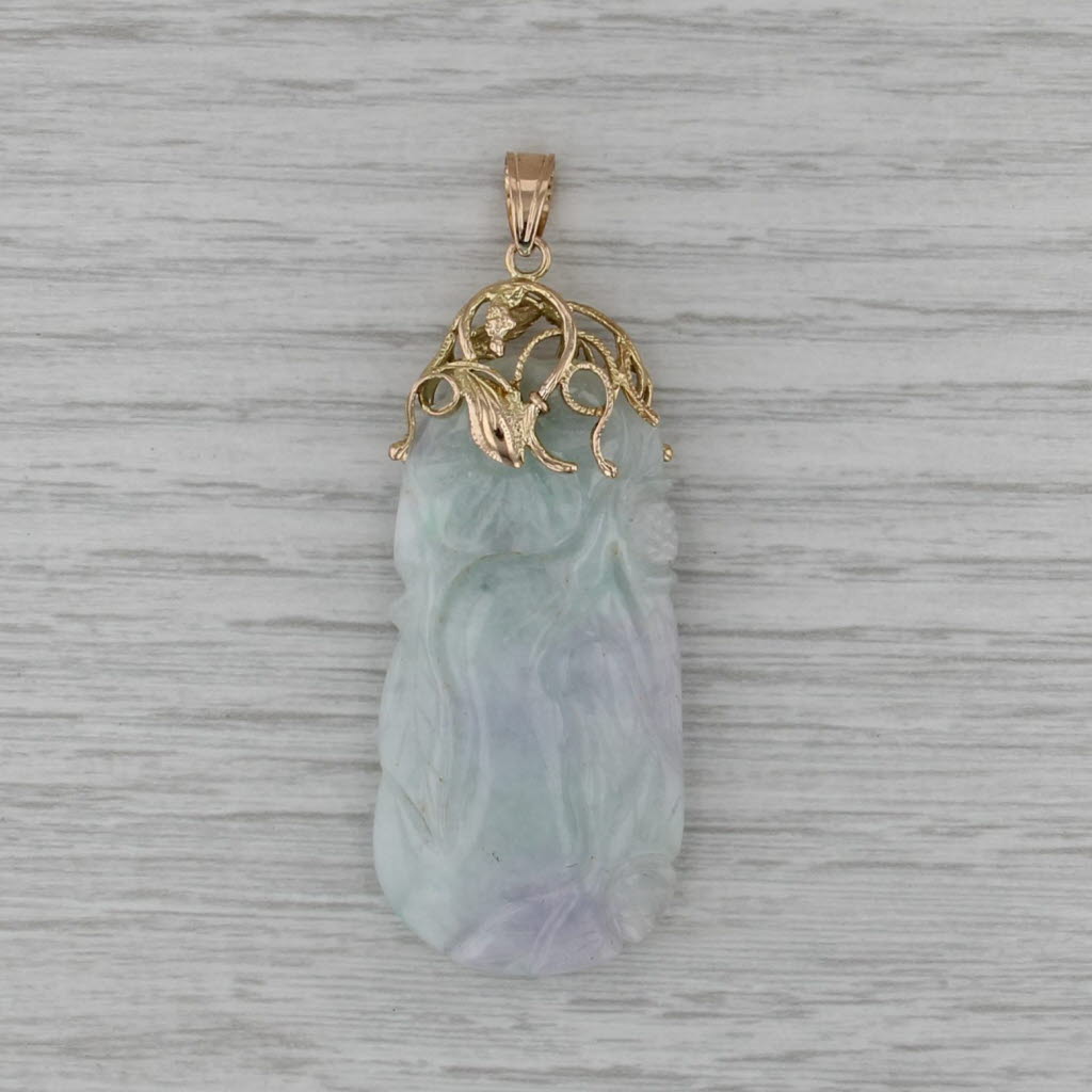 Carved Green Jadeite Jade Pendant 14k Yellow Gold Ornate Statement