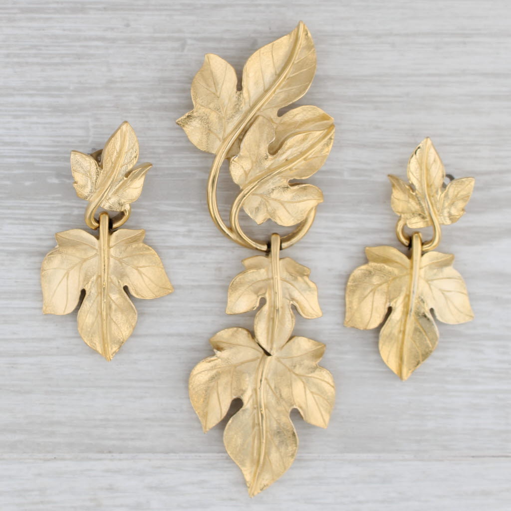 Gray Trifari Kunio Matsumoto Floral Leaf Earrings Brooch Set Statement