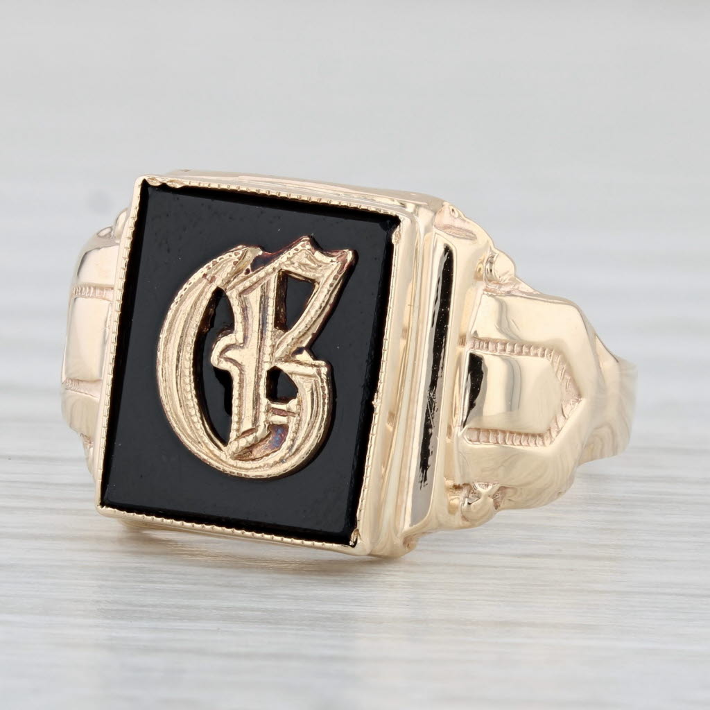 Light Gray Black Glass Old English Letter G Signet Ring 10k Yellow Gold Size 10 Men's