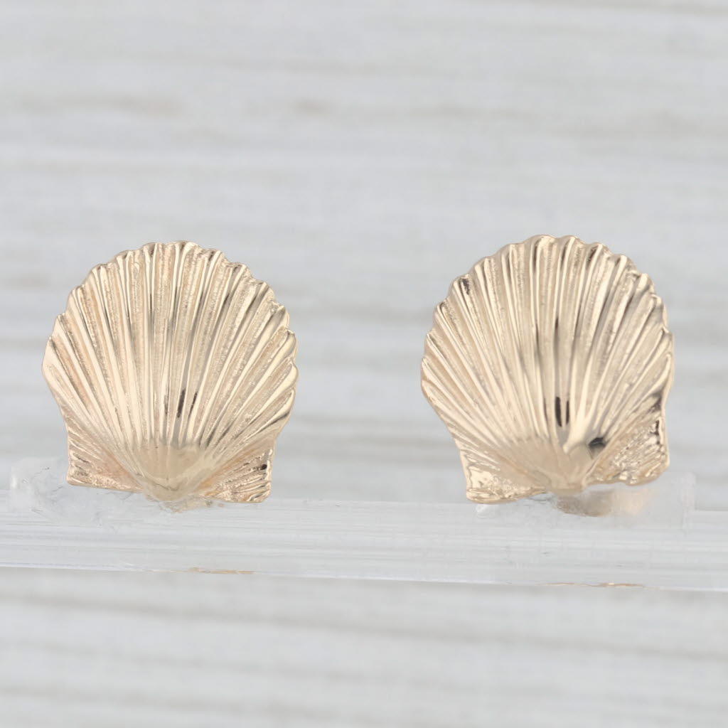 Light Gray Seashell Stud Earrings 14k Yellow Gold Nautical Jewelry