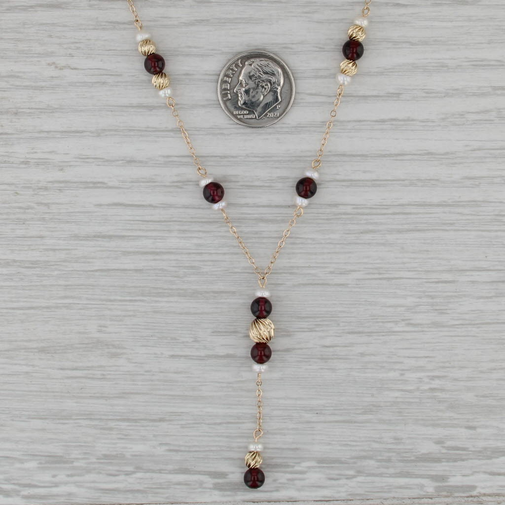 Culture Pearl Garnet Bead Lariat Necklace 14k Yellow Gold 17" Bead Cable Chain