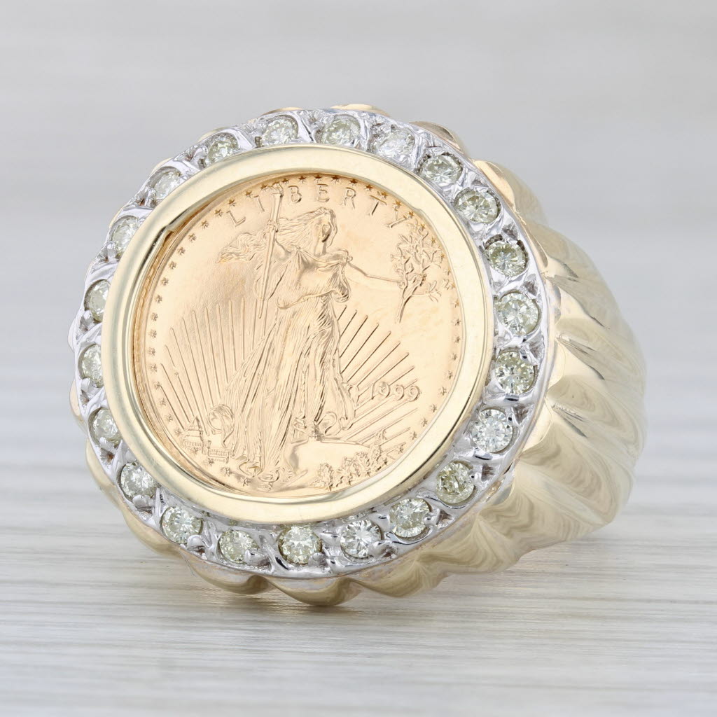 Light Gray 0.65ctw Diamond Halo American Eagle Coin Ring 10k Gold 22k $5 Size 10 1/10oz