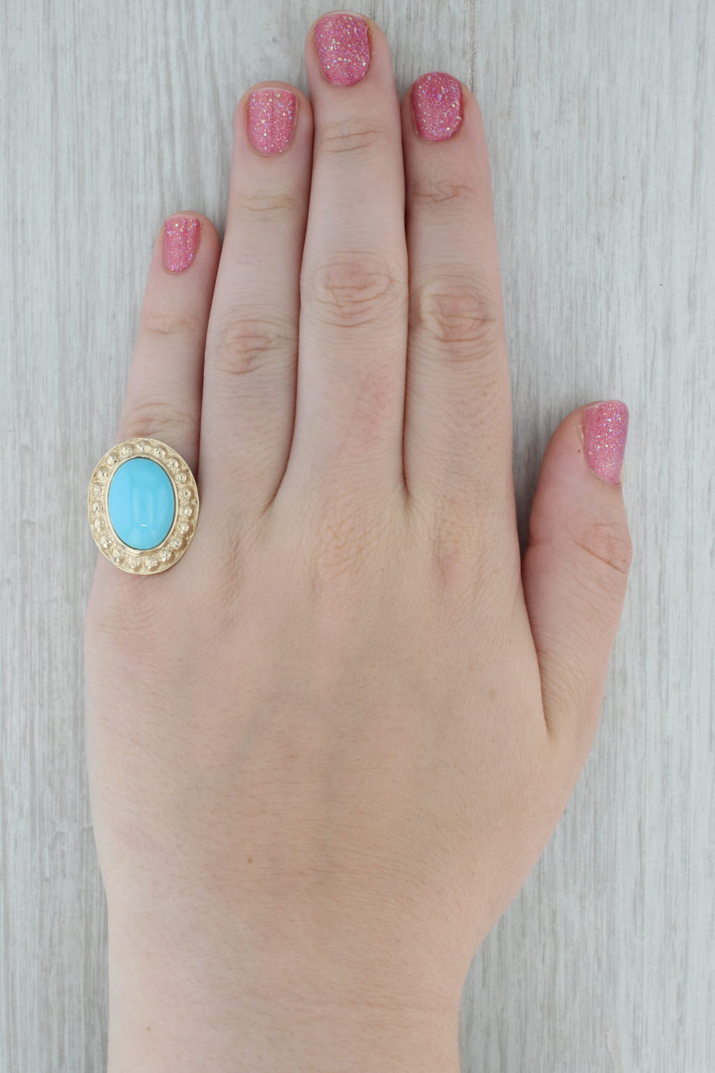 Dark Gray Lab Created Turquoise Cabochon Large Cocktail Ring 14K Yellow Gold Ring Size 6