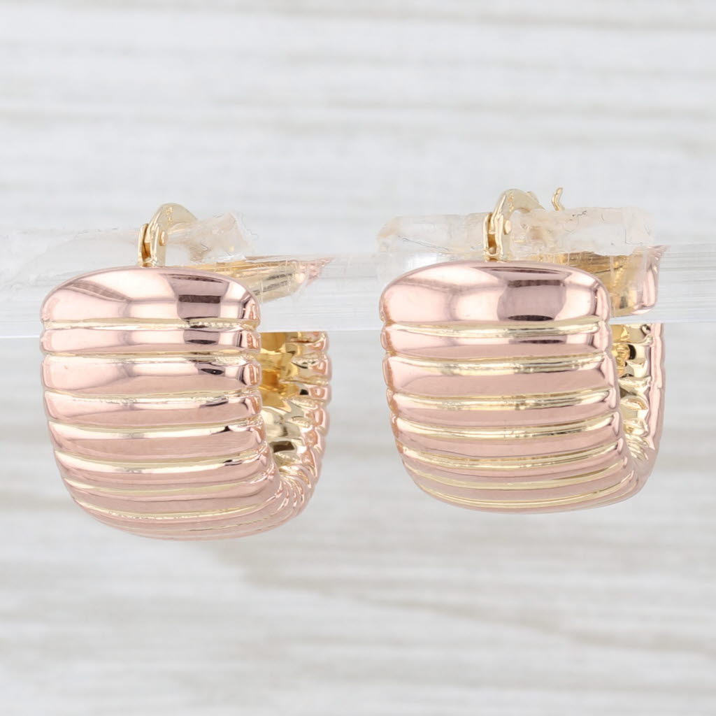 Light Gray Beveled Gold Hoop Earrings 14k Yellow Rose Snap Top Pierced