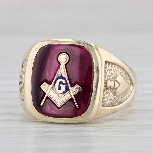 Light Gray Masonic Signet Ring 10k Gold Lab Created Ruby Blue Lodge Vintage Square Compass