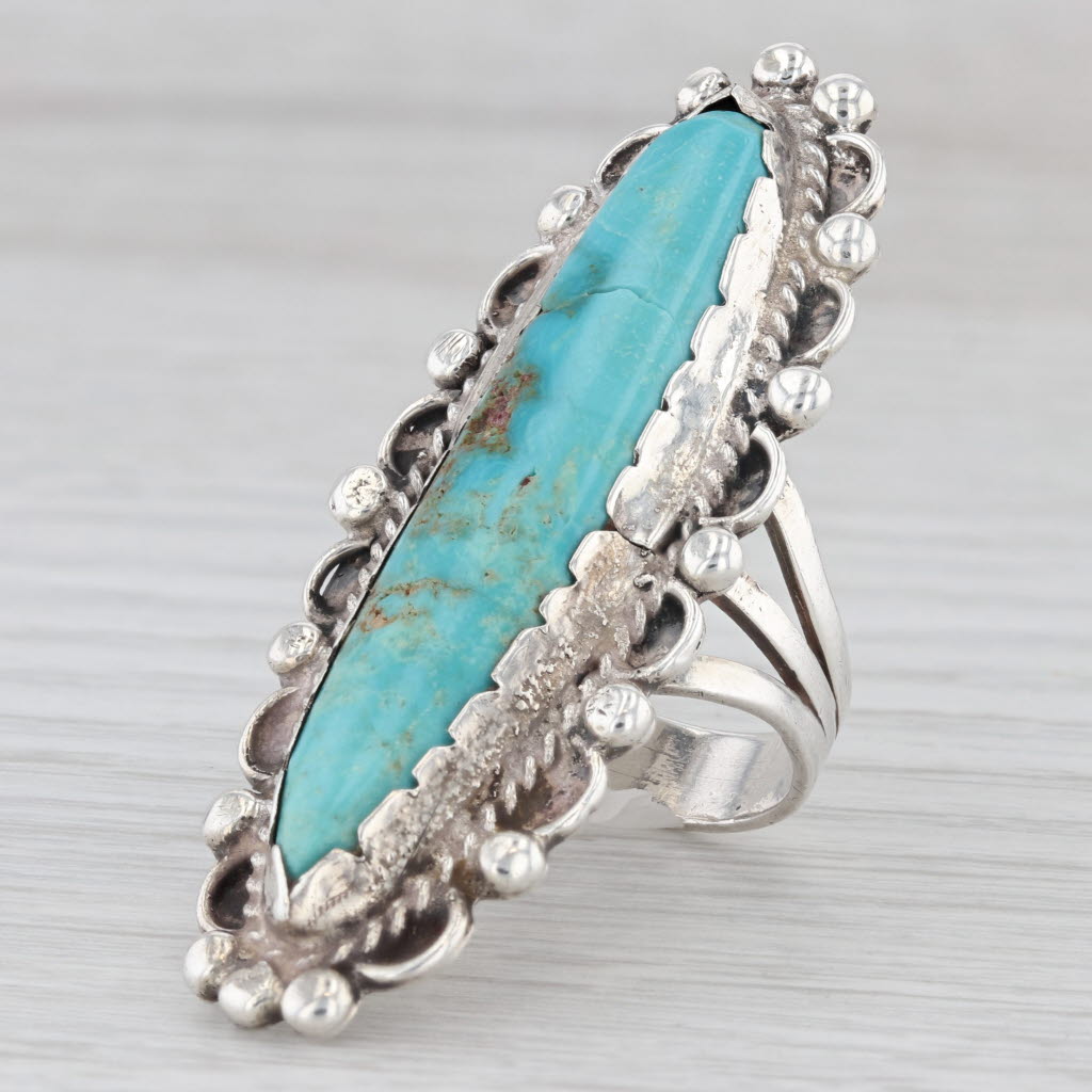 Light Gray Native American Turquoise Ring Sterling Silver Marquise Cabochon Statement