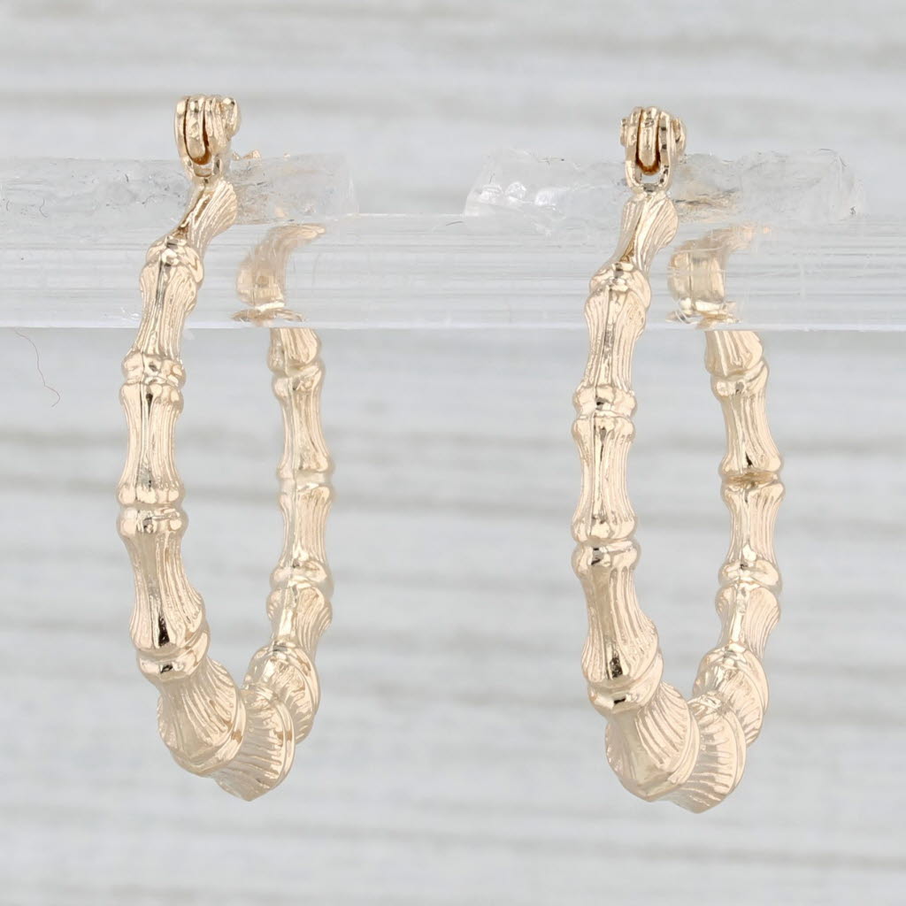 Light Gray Bamboo Hoop Earrings 14k Yellow Gold Snap Top Round Hoops