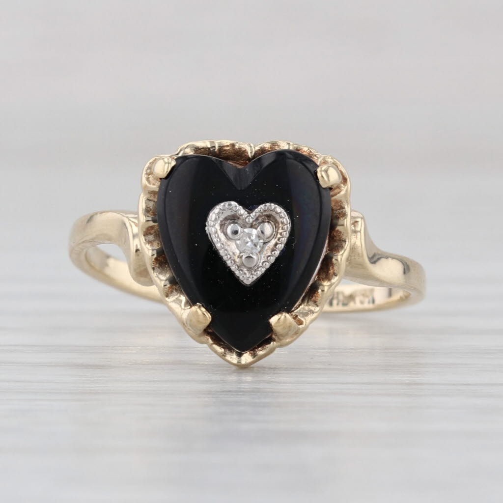 Vintage Onyx Heart Diamond Signet Ring 10k Yellow Gold Size 6