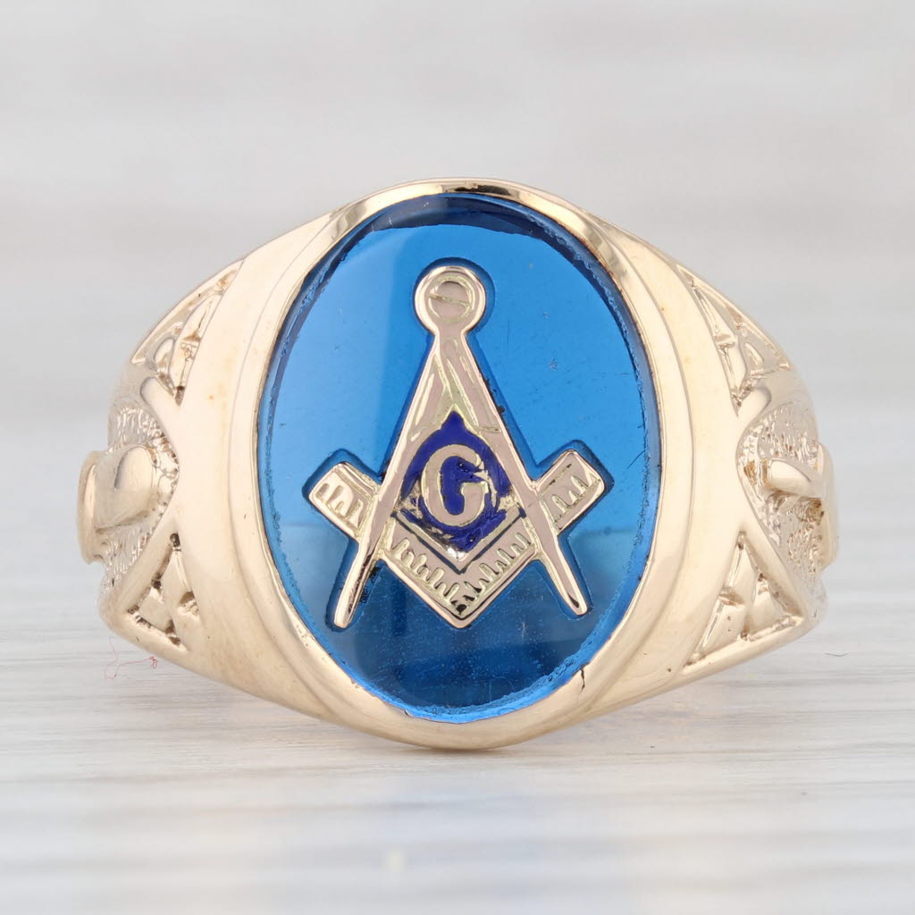 Light Gray Masonic Signet Ring Lab Created Spinel 10k Yellow Gold Size 7.75 Blue Lodge