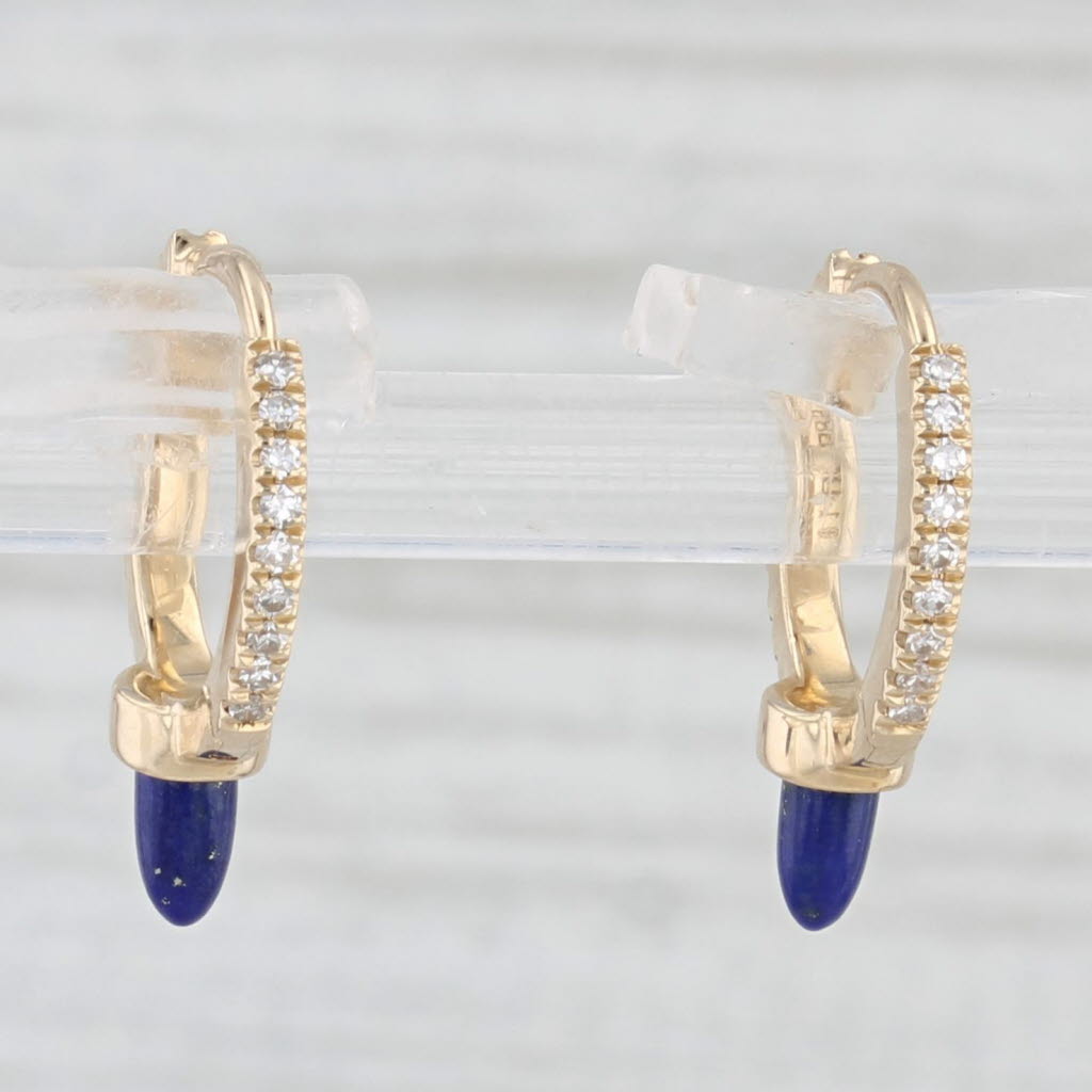 Light Gray New Lapis Lazuli Diamond Hoop Earrings 14k Yellow Gold Huggie Hoops