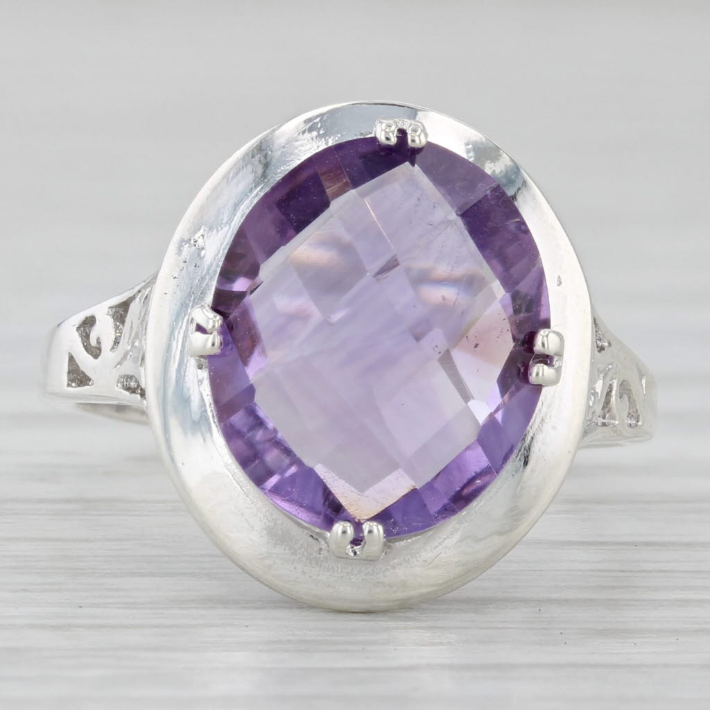 Light Gray 2.60ct Oval Amethyst Solitaire Ring Sterling Silver Size 6 Floral Accents