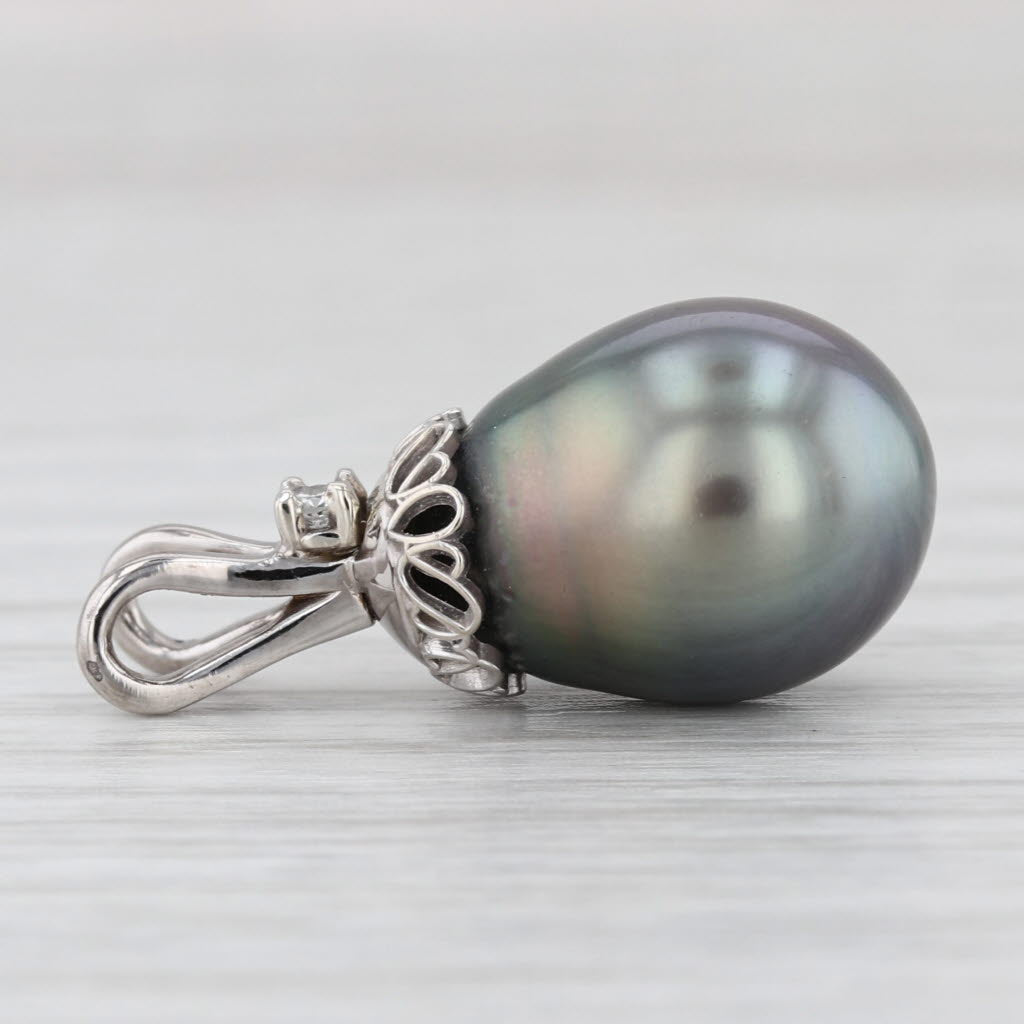 Cultured Black Pearl Diamond Pendant 14k White Gold Drop