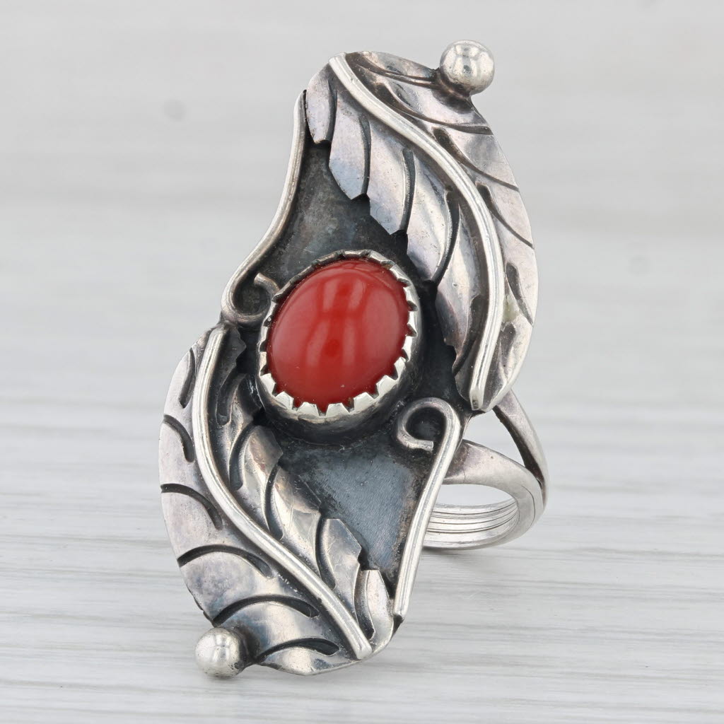 Light Gray Vintage Native American Red Coral Ring Sterling Silver Size 5.25 Statement