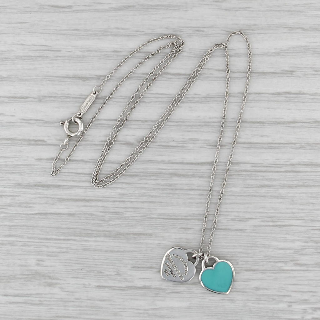 Tiffany Blue Hearts Return ID Pendant Necklace w/ Box Sterling Silver 17.75"