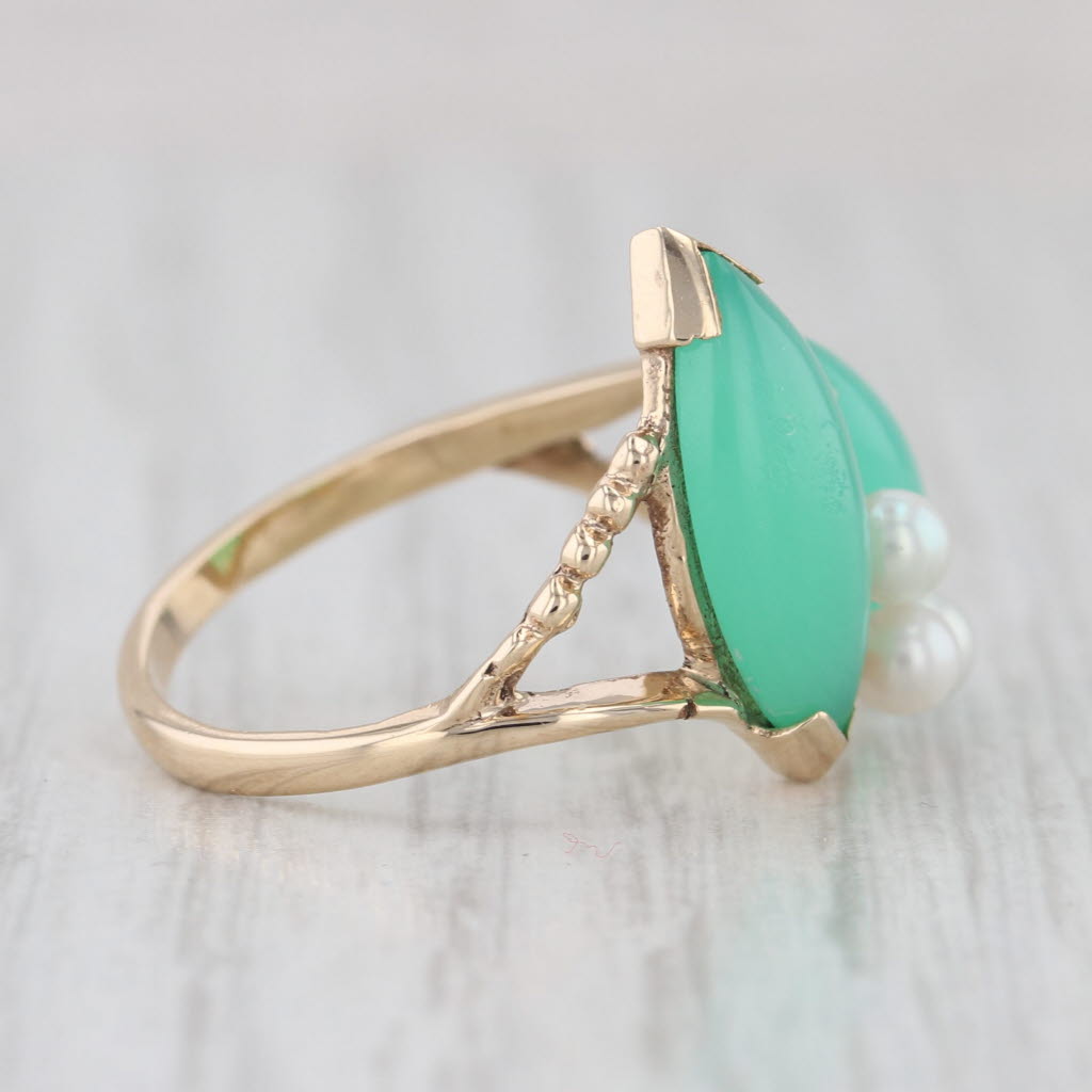 Green Chrysoprase Cultured Pearl Bypass Ring 10k Yellow Gold Size 7.5