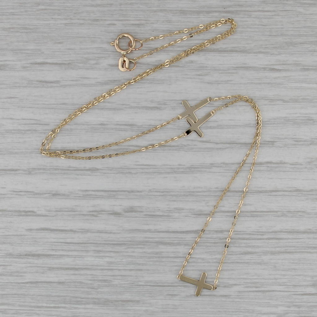 3 Cross Station Necklace 14k Yellow Gold 18" Fine Cable Chain