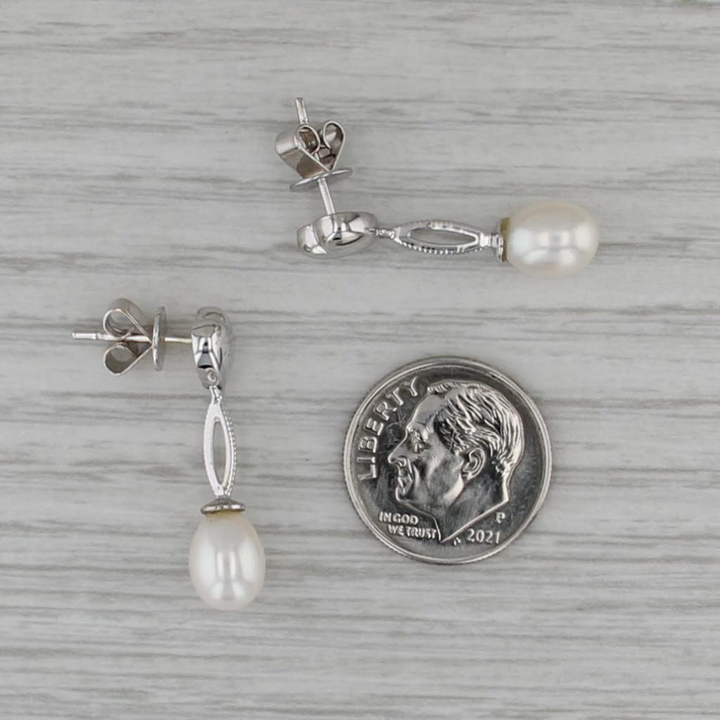 Cultured Pearl Heart Drop Earrings 14k White Gold Pieced Dangles