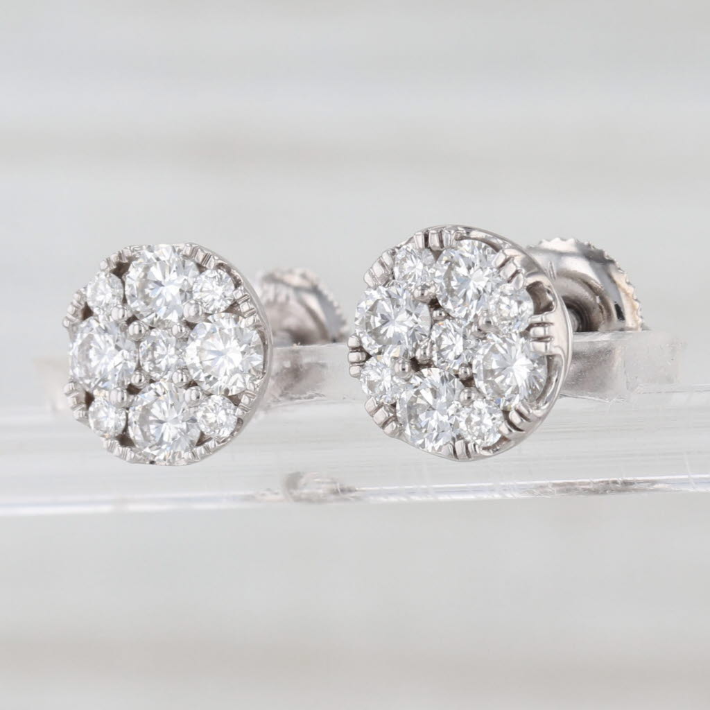 1.14ctw VS2 Diamond Cluster Stud Earrings 14k White Gold Screw Back Studs
