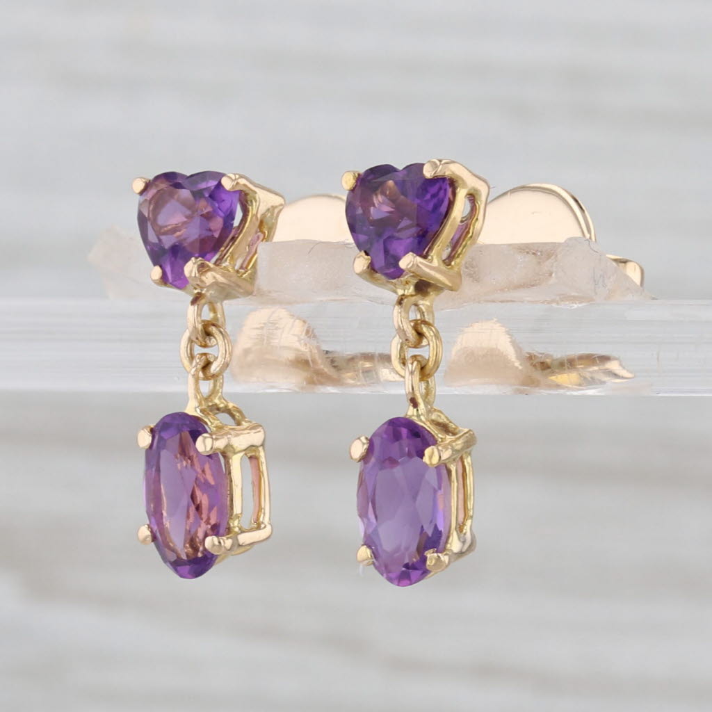1.80ctw Amethyst Heart Dangle Earrings 14k Yellow Gold Small Drops