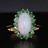 Black Oval Cabochon Opal 0.90ctw Emerald Halo Ring 14k Yellow Gold Size 10