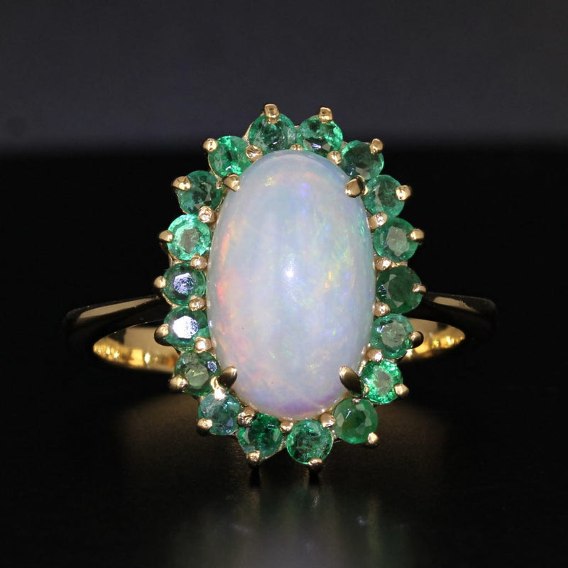 Black Oval Cabochon Opal 0.90ctw Emerald Halo Ring 14k Yellow Gold Size 10