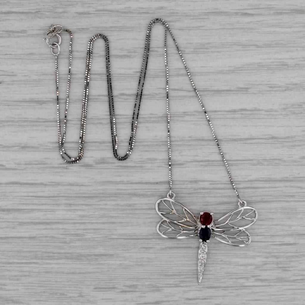 0.45ctw Sapphire Ruby Diamond Dragonfly Pendant Necklace 14k White Gold 17.75"