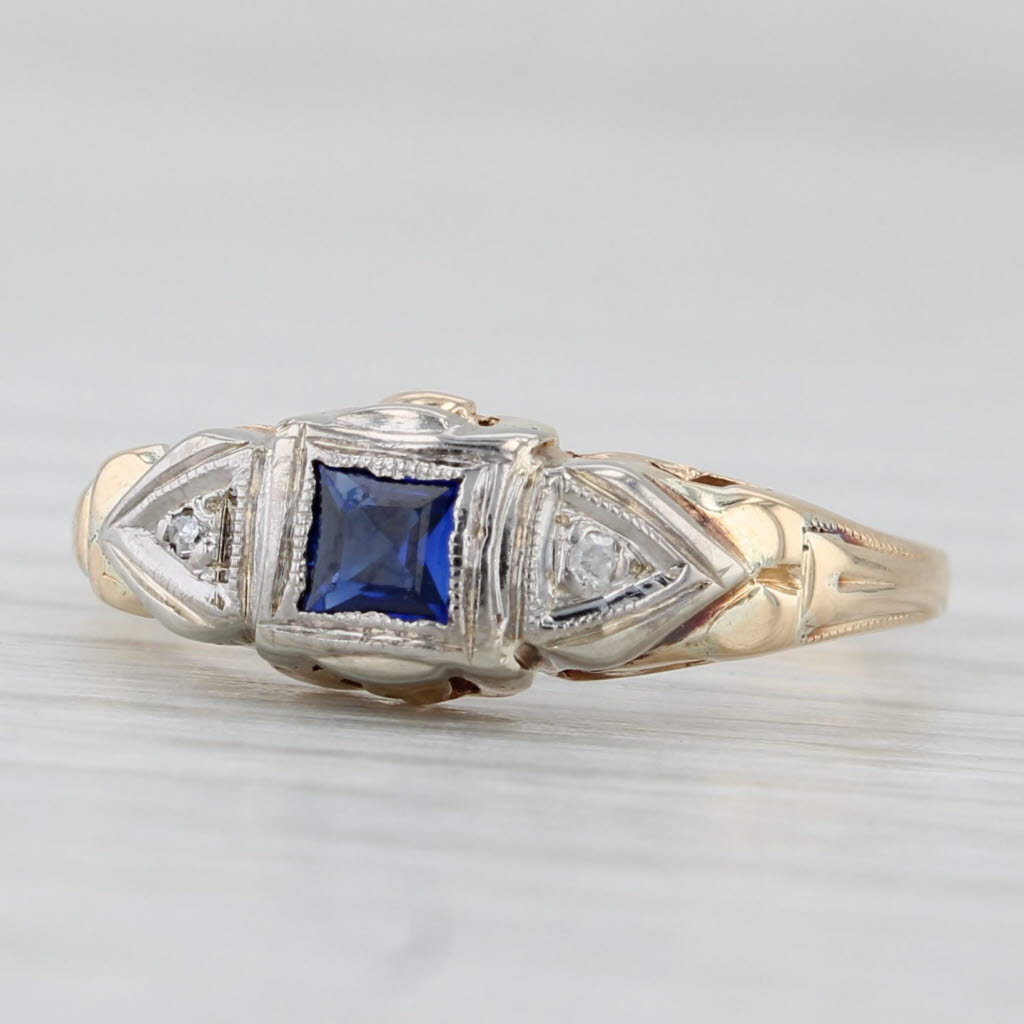 Light Gray Vintage Art Deco Lab Created Sapphire Diamond Ring 14k White Yellow Gold Sz 5.5