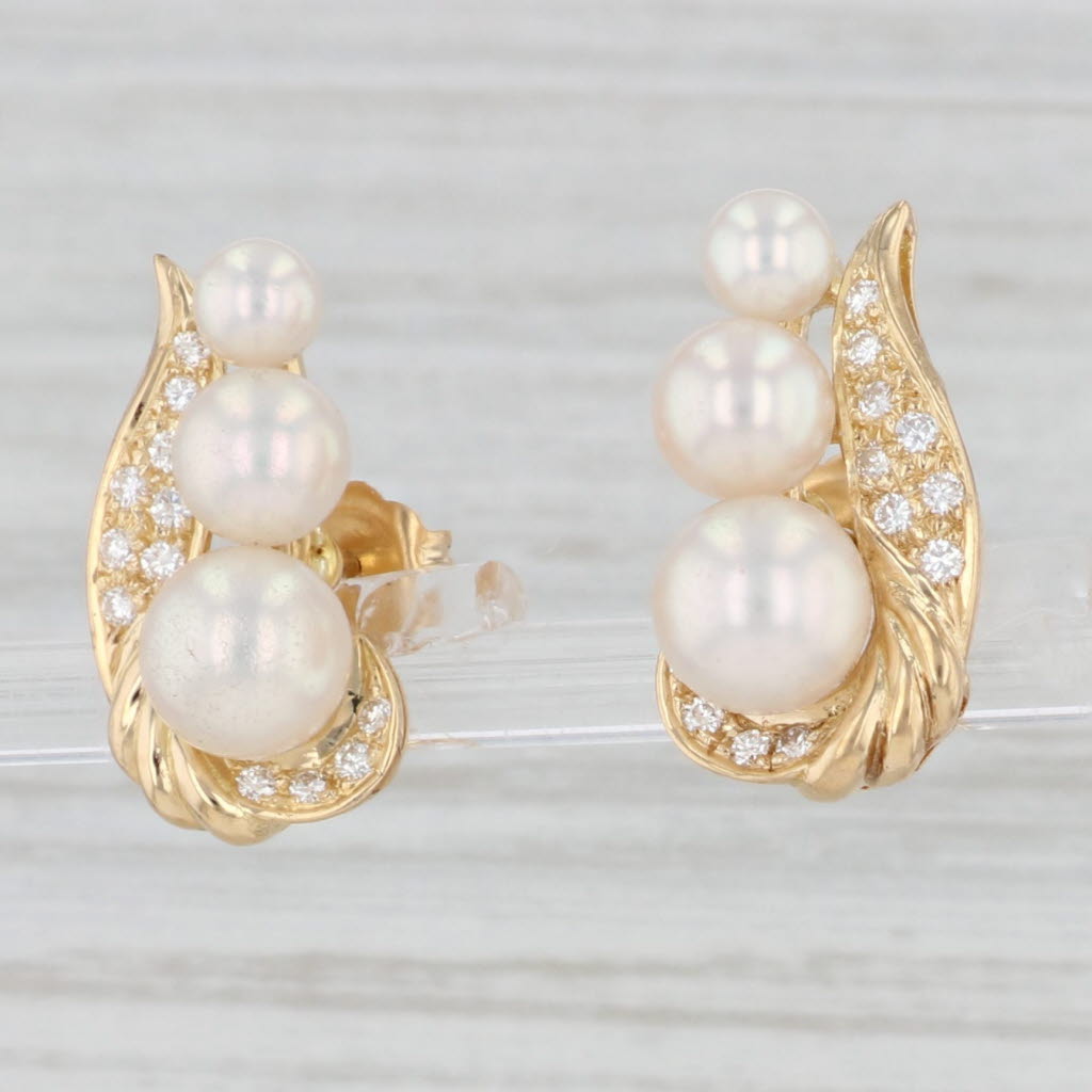 Light Gray Cultured Pearl Diamond Earrings 18k Yellow Gold Pierced Drops