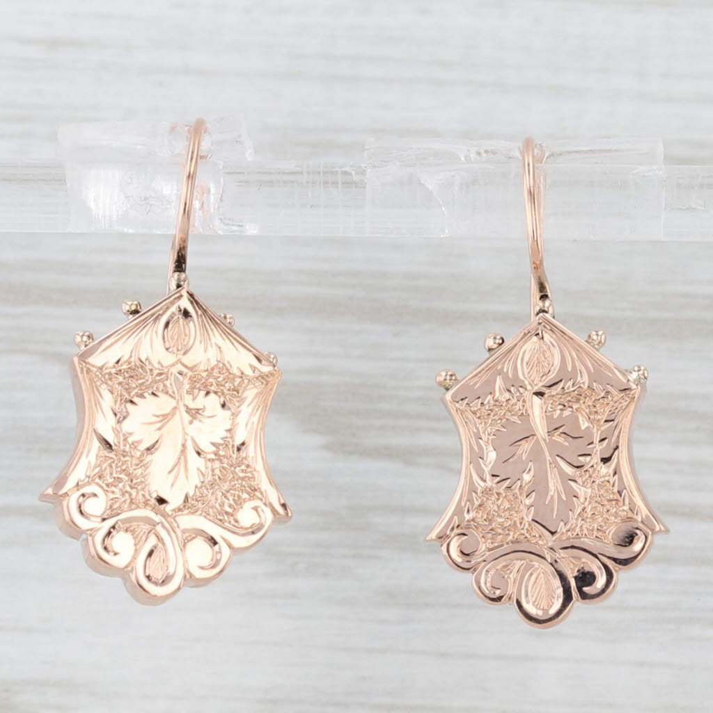 Light Gray Victorian Ornate Dangle Earrings 10k Rose Gold Hook Post Drops